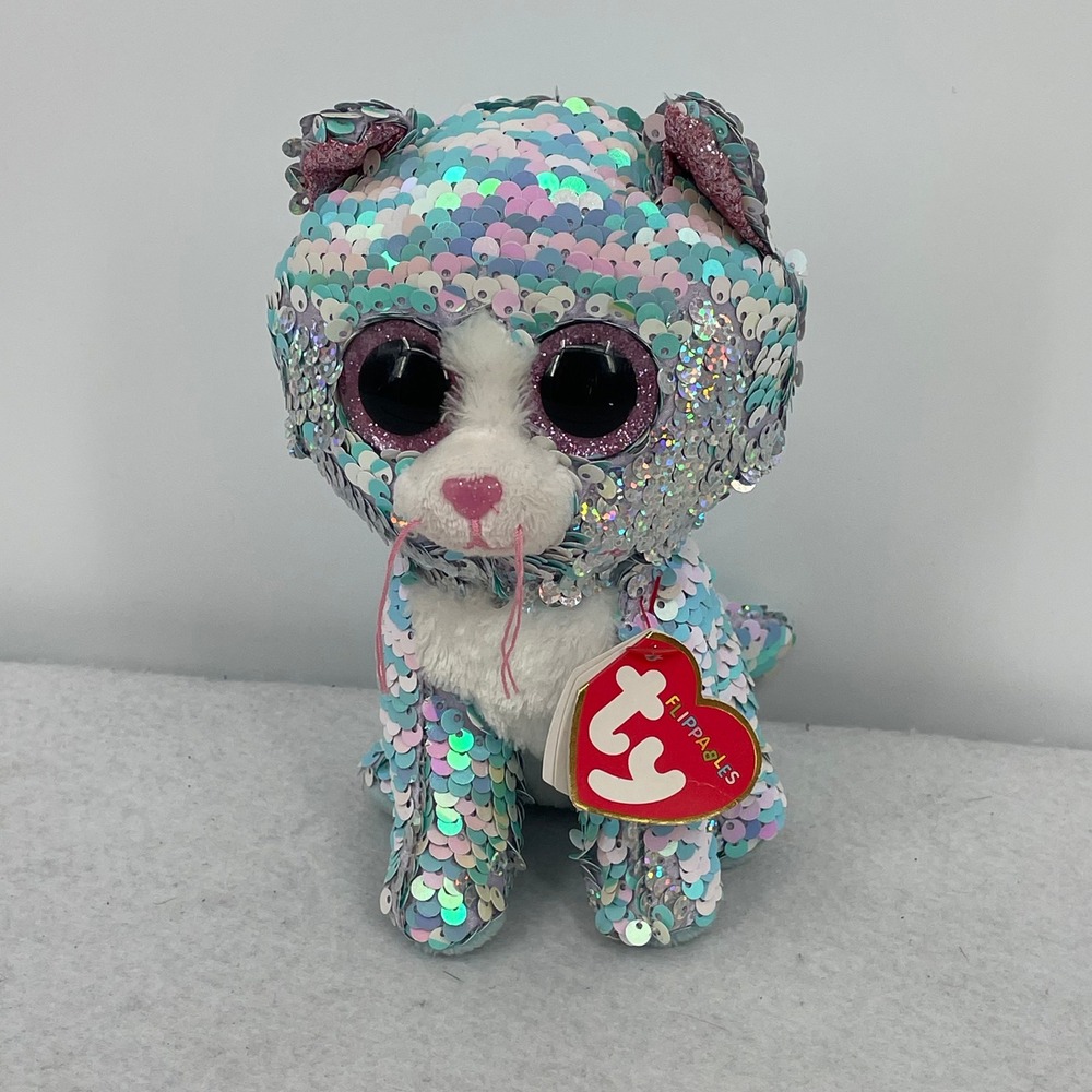 Ty Flippables Whimsy Cat Blue Pink Silver Reversible Sequin Plush Beanie Boo